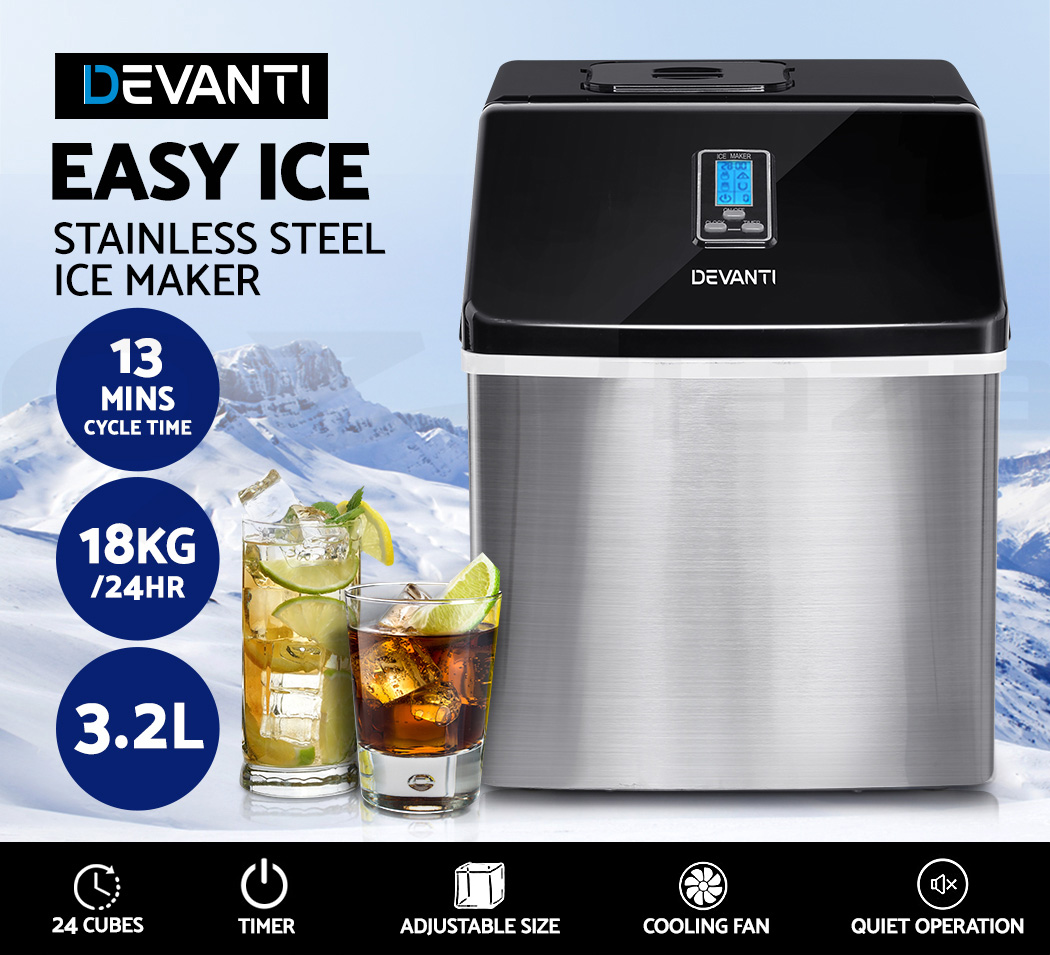 Devanti 3.2L Portable Ice Maker Commercial Ice Cube Machine Stainless