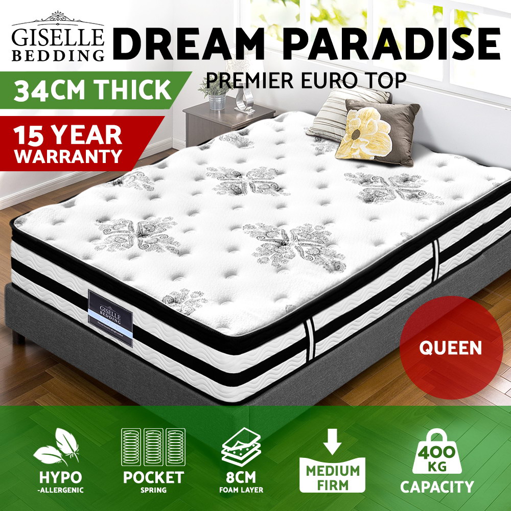 Giselle QUEEN Mattress 34CM Euro Top Pocket Spring Firm Plush Foam Bed