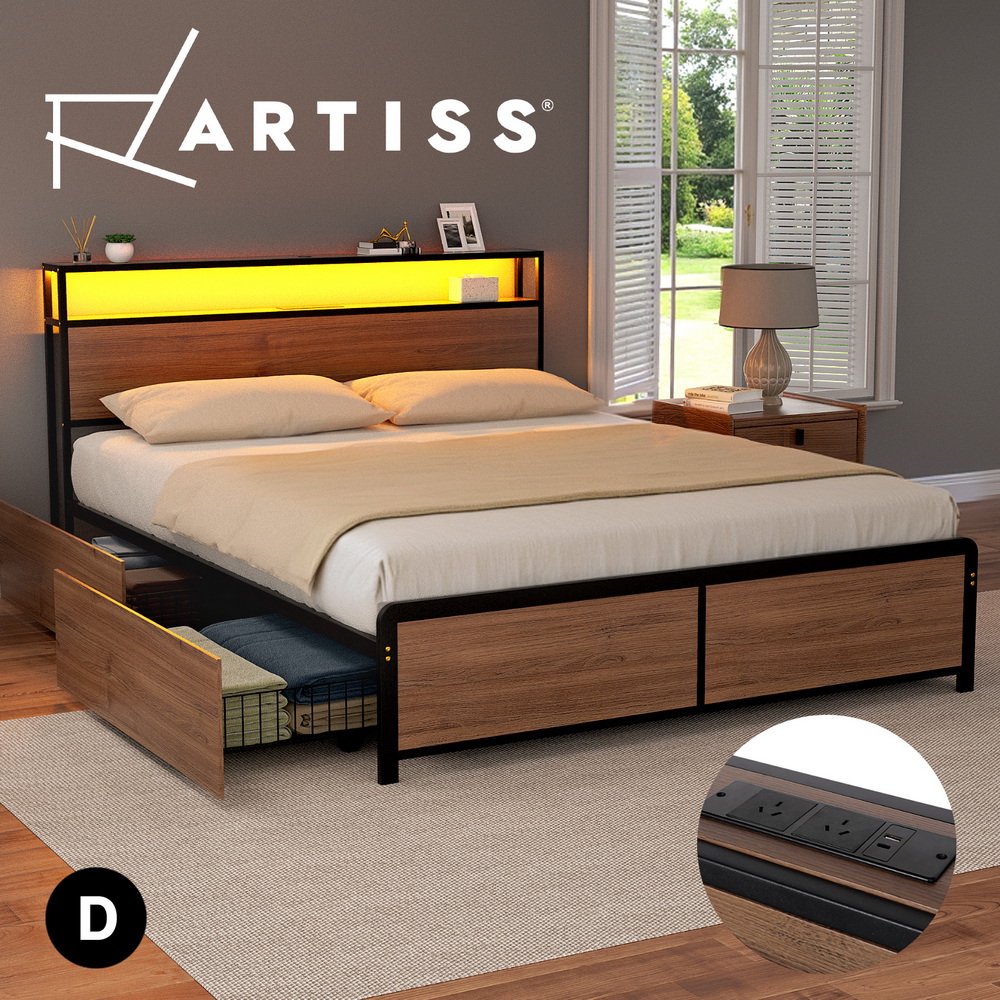 Artiss Metal Bed Frame Double Queen King with Drawers Charging Station & LED - Picture 10 of 15