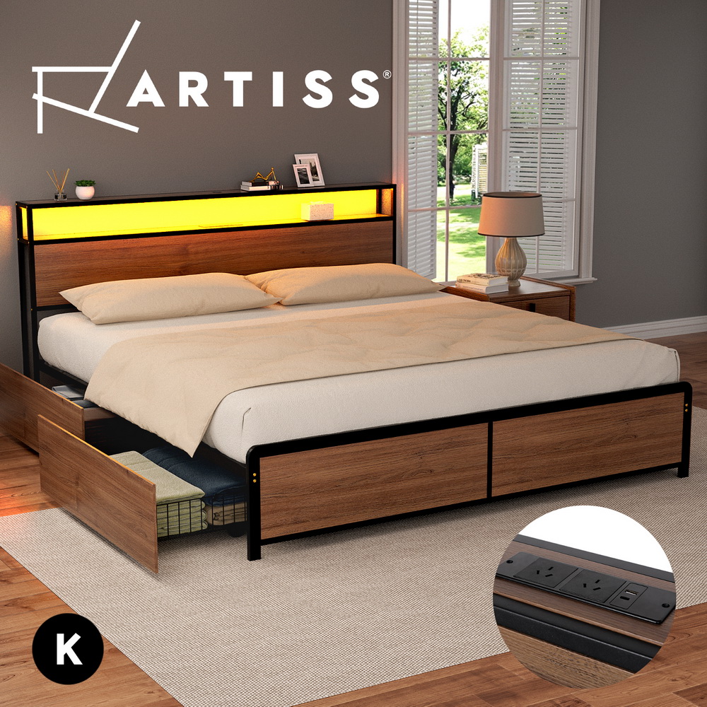 Artiss Metal Bed Frame Double Queen King with Drawers Charging Station & LED - Picture 12 of 15