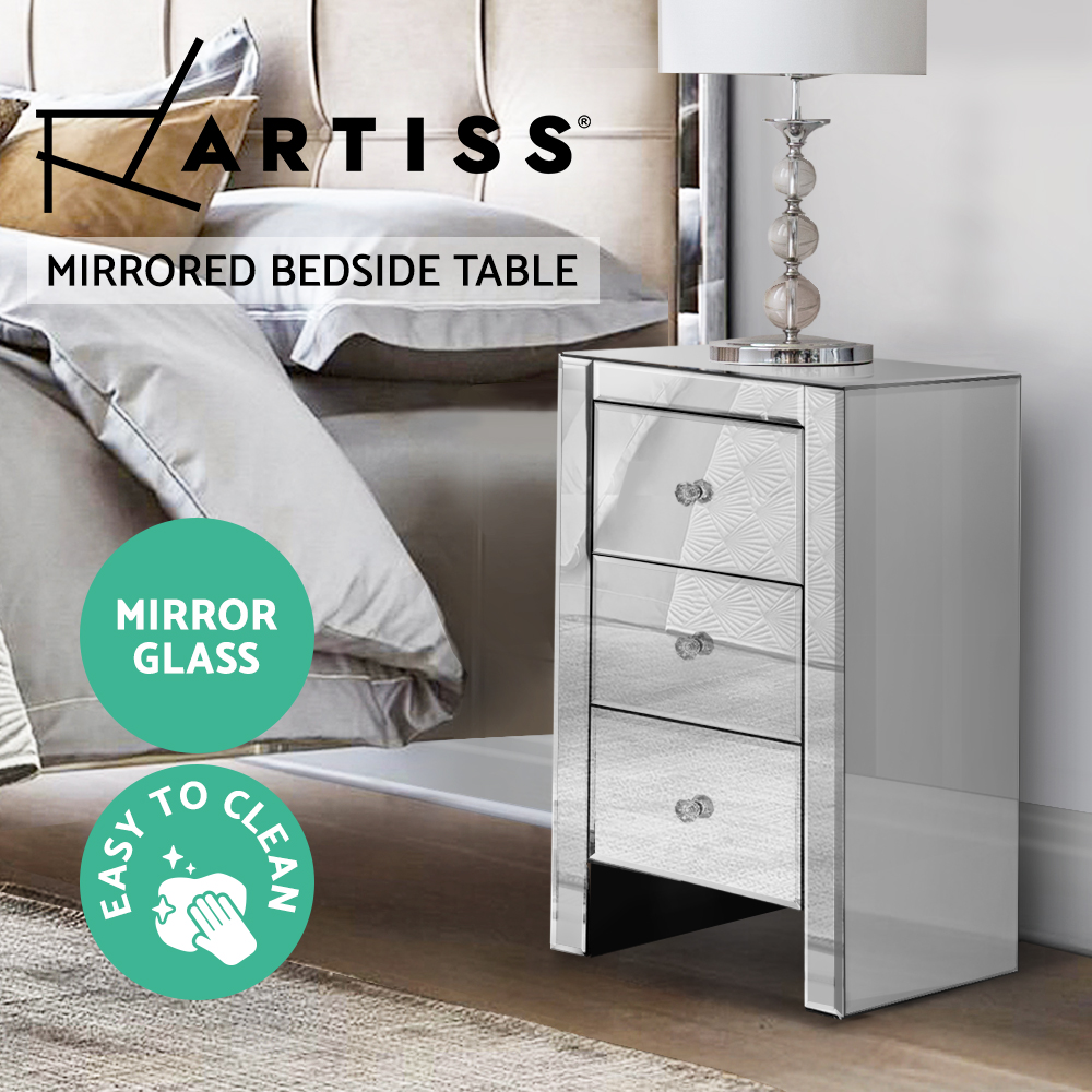 Artiss Bedside Table 3 Drawers Side Table Nightstand Mirrored Storage Cabinet - Picture 52 of 85