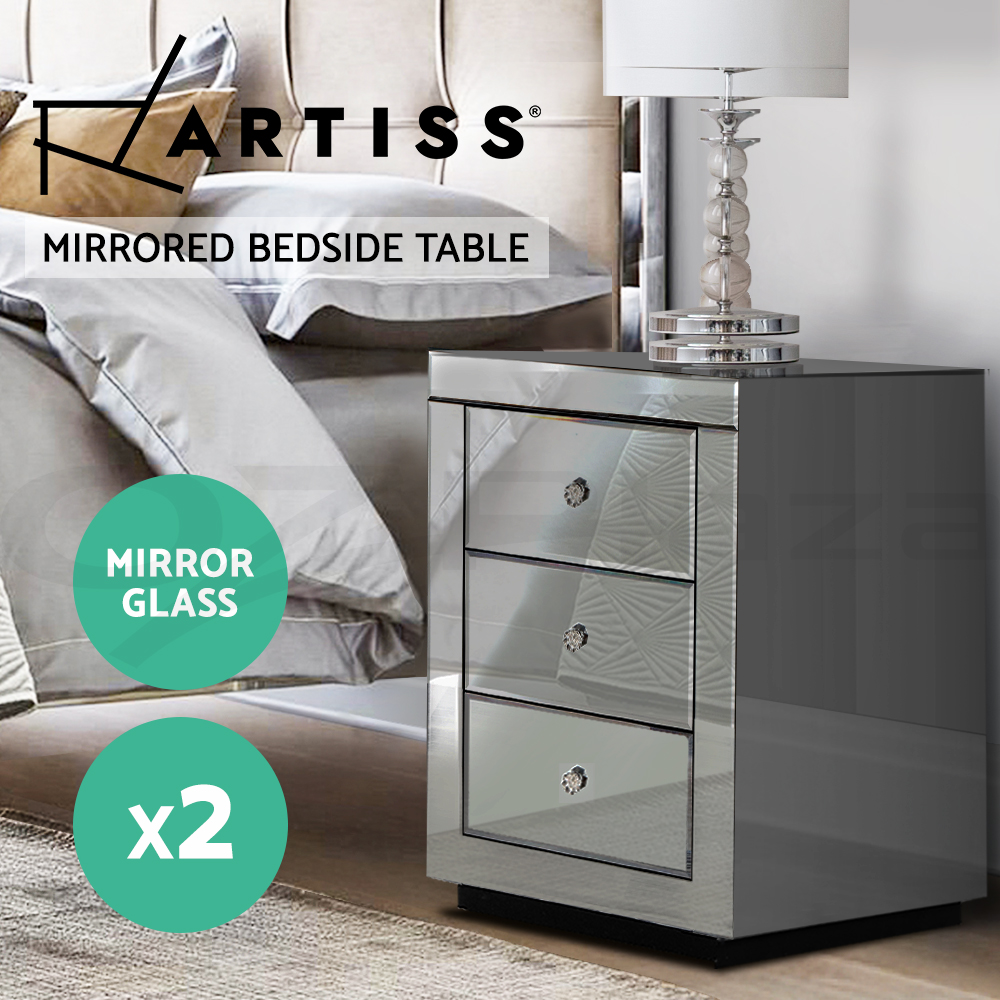 Artiss Bedside Table 3 Drawers Side Table Nightstand Mirrored Storage Cabinet - Picture 50 of 85