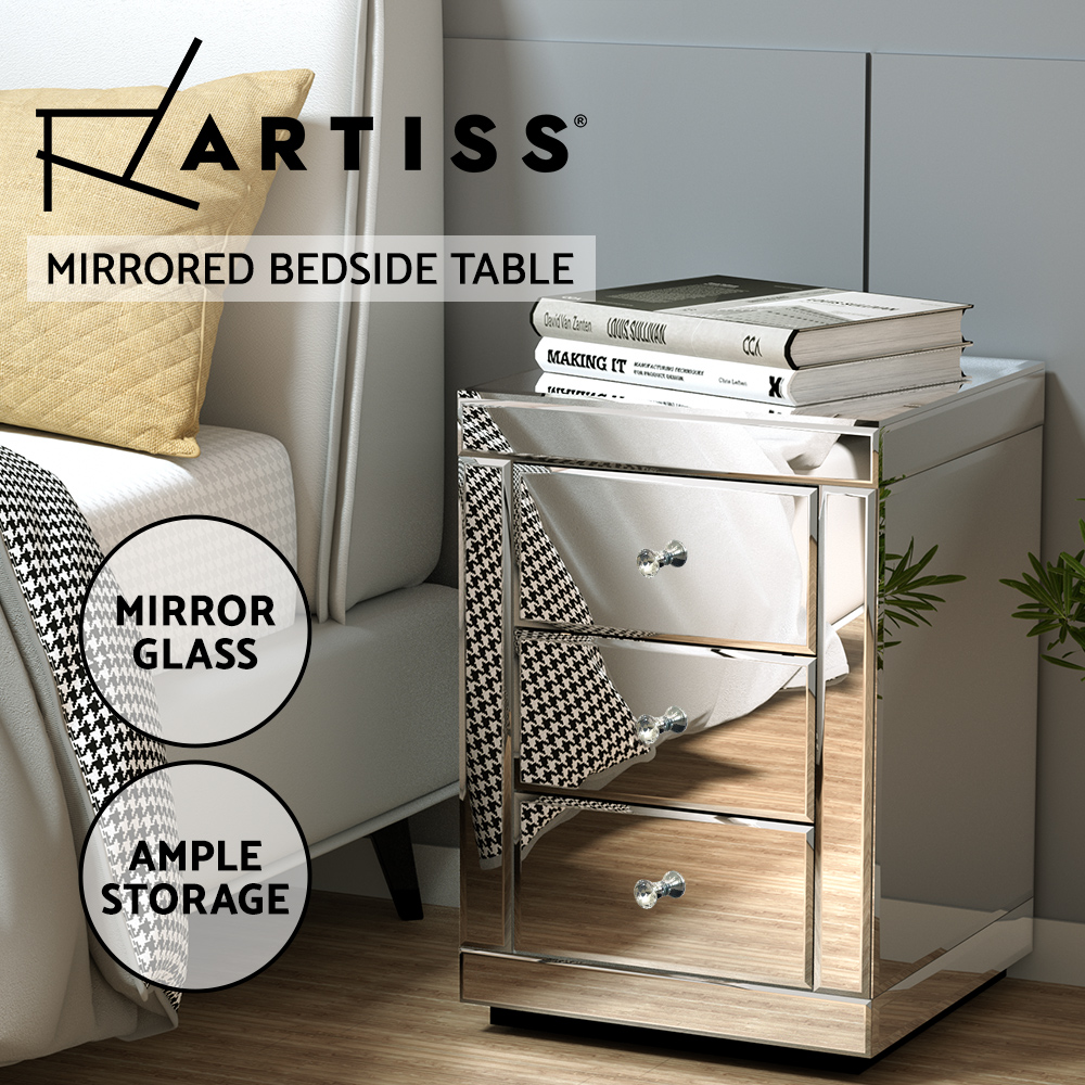 Artiss Bedside Table 3 Drawers Side Table Nightstand Mirrored Storage Cabinet - Picture 12 of 85