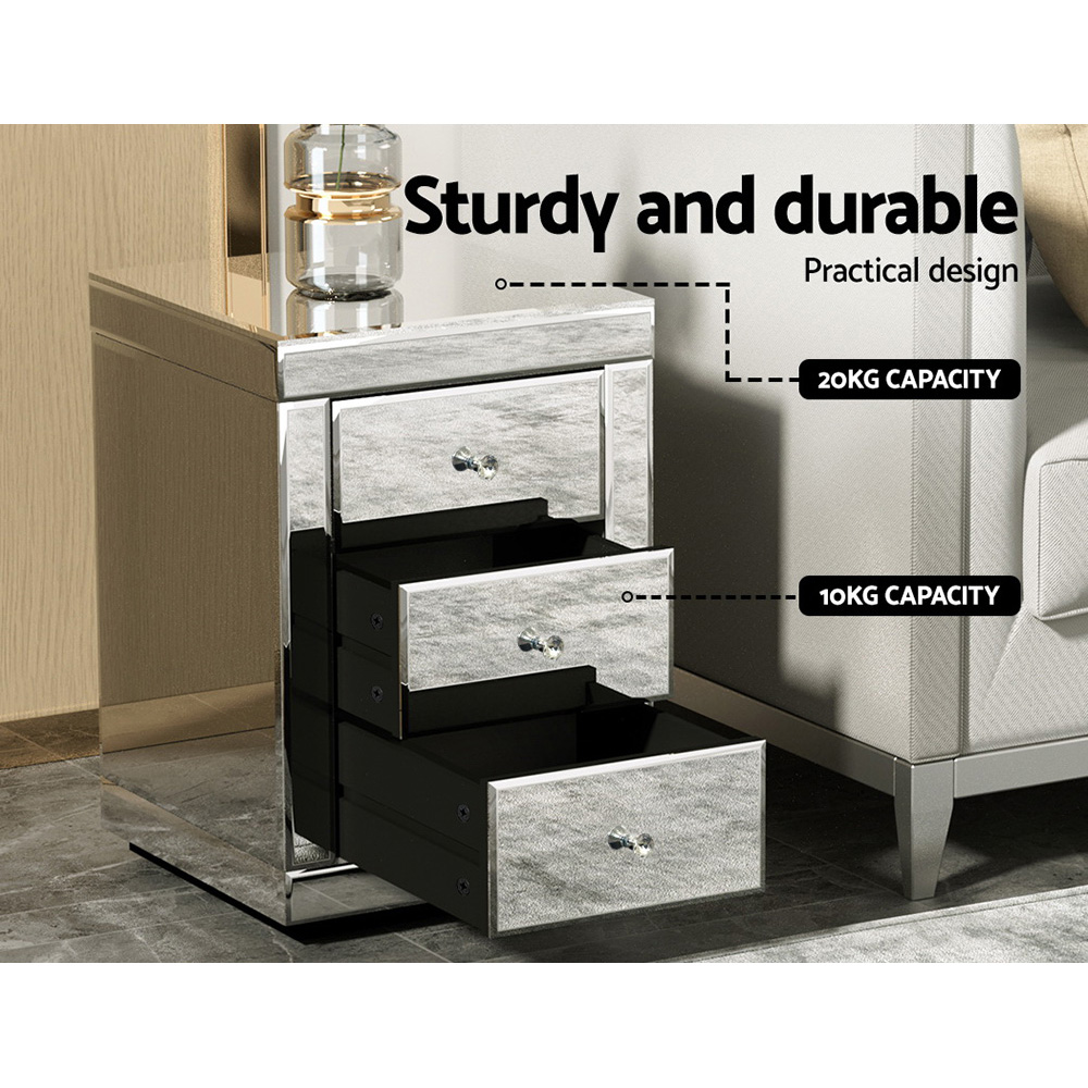 Artiss Bedside Table 3 Drawers Side Table Nightstand Mirrored Storage Cabinet - Picture 25 of 85