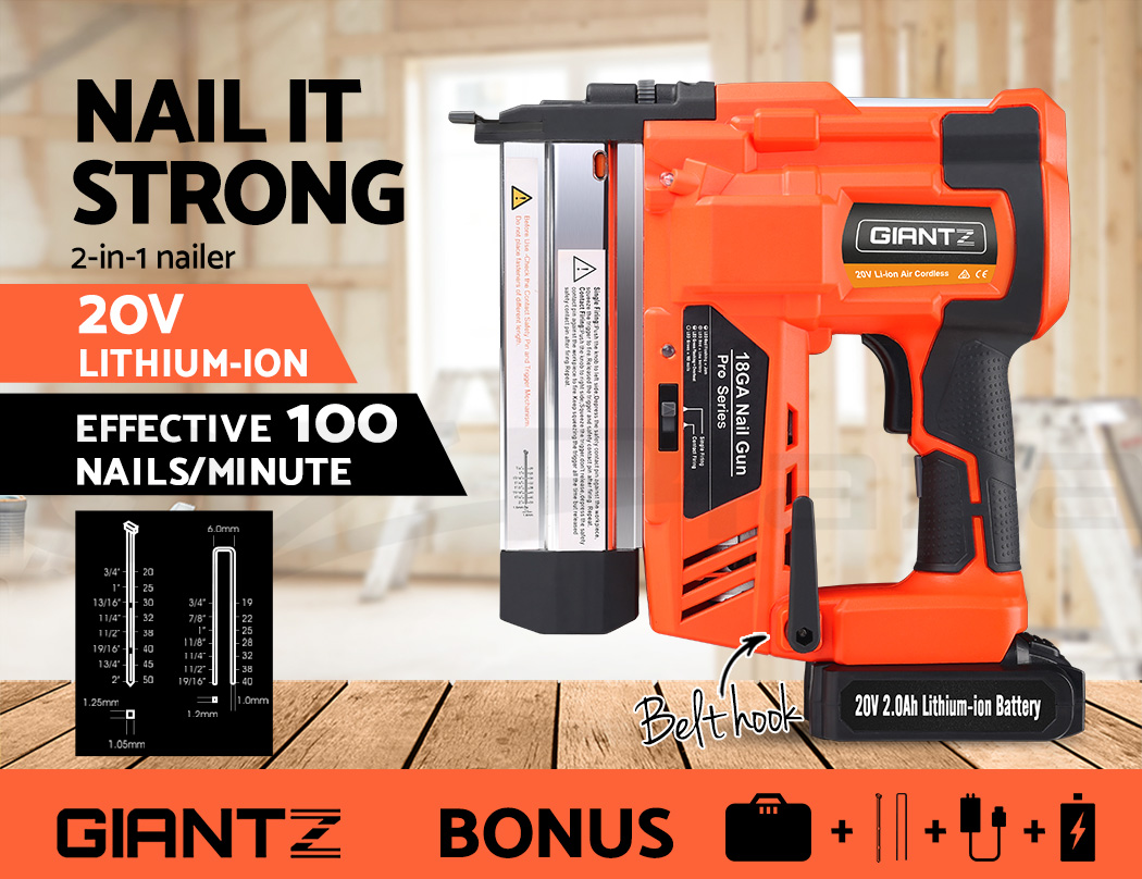 Giantz Brad Nailer Staple Gun Cordless 2in1 Lithium 20V Nail Gun 18ga