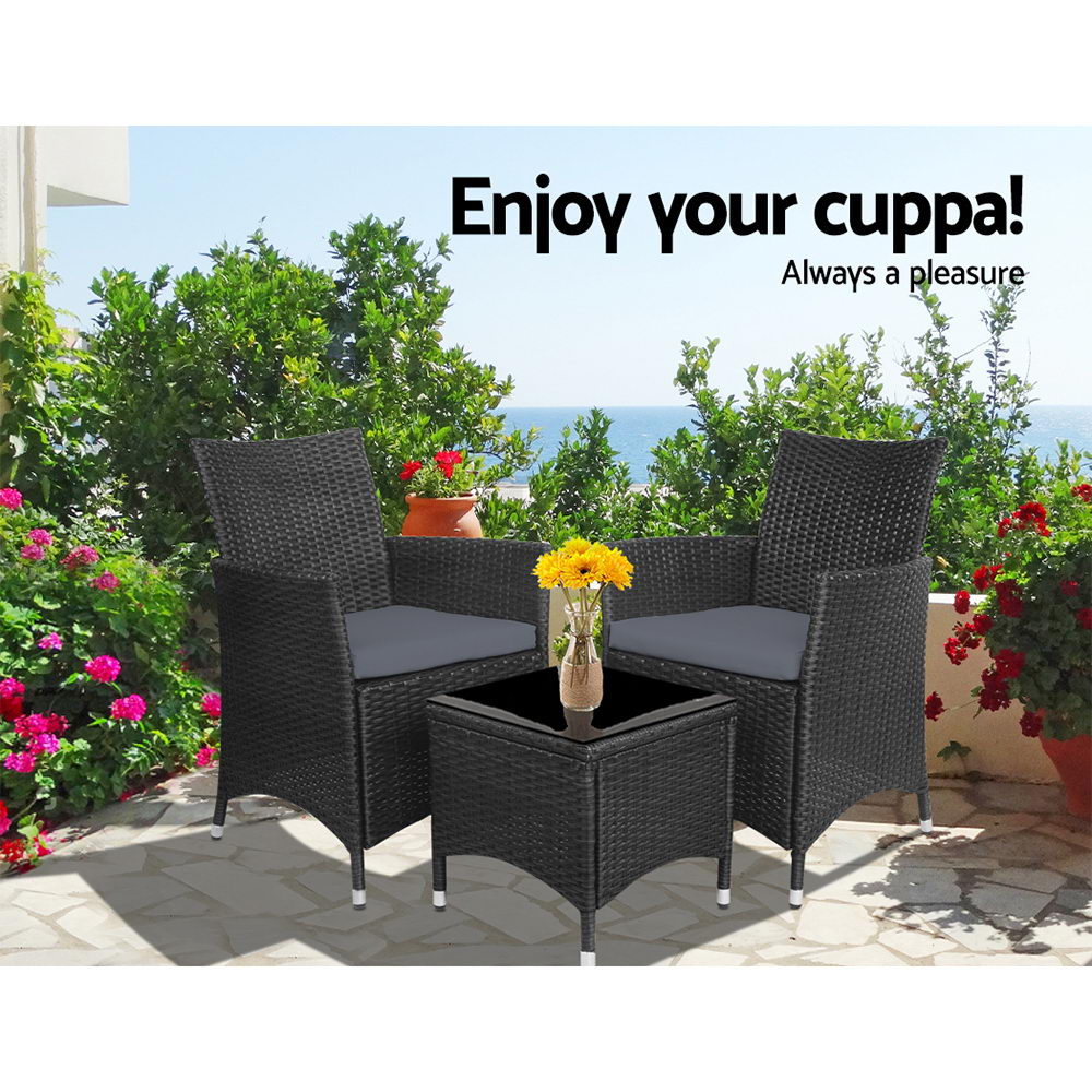 Gardeon Outdoor Furniture 3 Piece Setting Wicker Bistro Set Dining Chairs Patio - Picture 20 of 48
