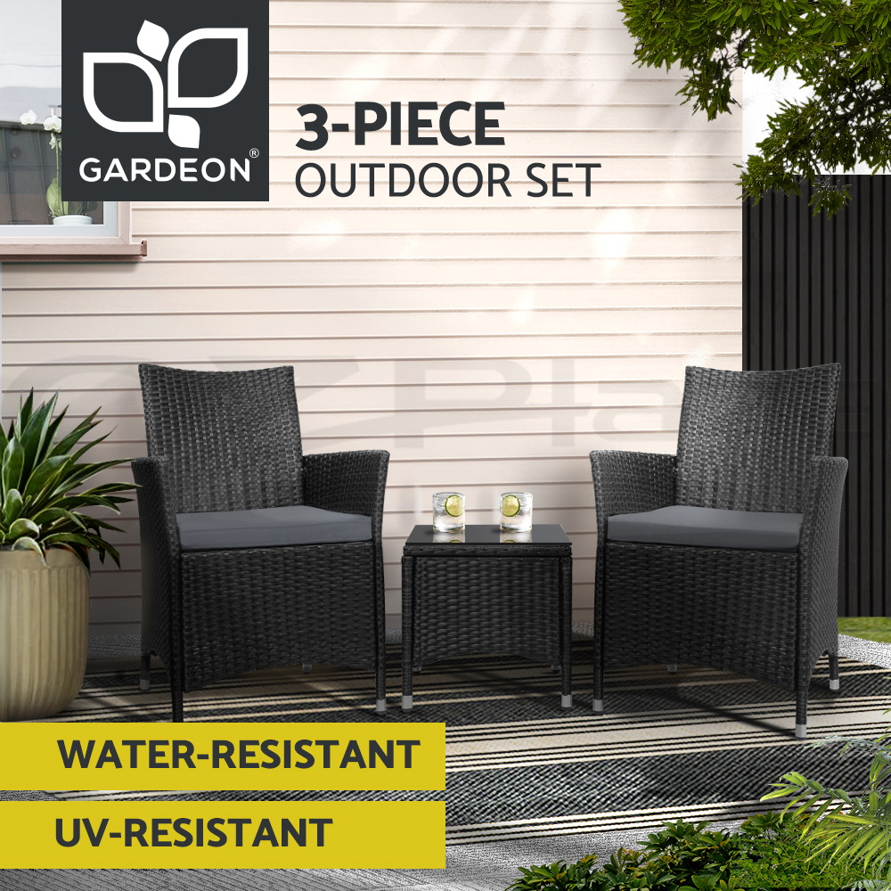 Gardeon Outdoor Furniture 3 Piece Setting Wicker Bistro Set Dining Chairs Patio - Picture 12 of 48