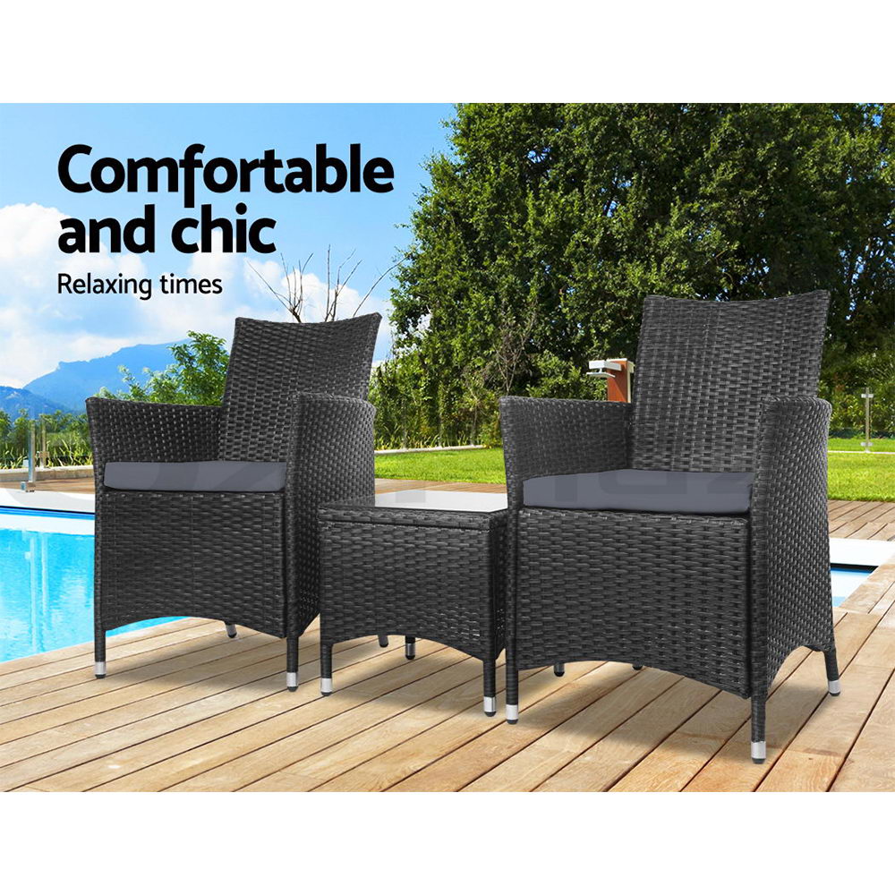 Gardeon Outdoor Furniture 3 Piece Setting Wicker Bistro Set Dining Chairs Patio - Picture 23 of 48