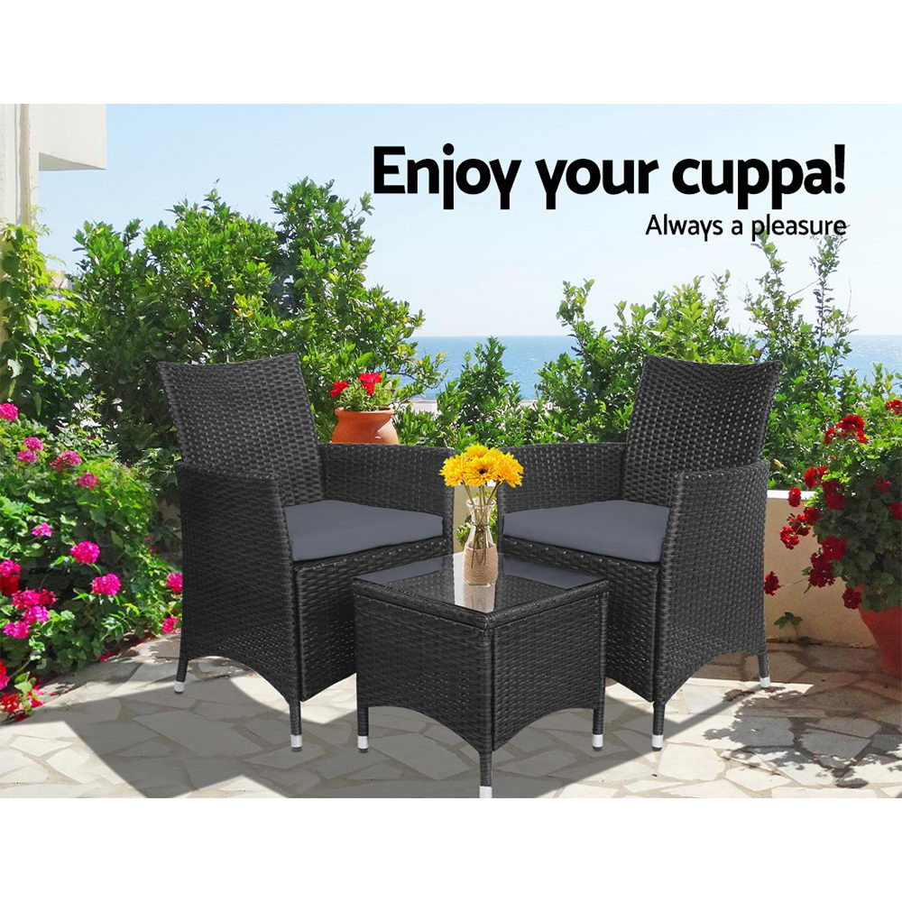Gardeon Outdoor Furniture 3 Piece Setting Wicker Bistro Set Dining Chairs Patio - Picture 29 of 48