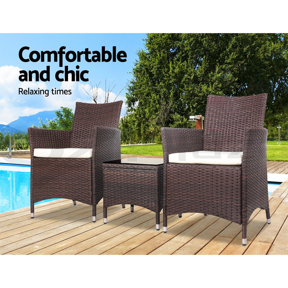 Gardeon Outdoor Furniture 3 Piece Setting Wicker Bistro Set Dining Chairs Patio - Picture 33 of 48