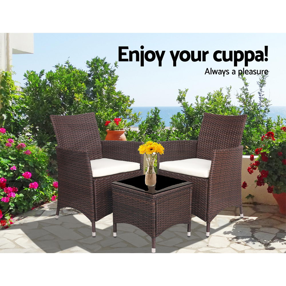 Gardeon Outdoor Furniture 3 Piece Setting Wicker Bistro Set Dining Chairs Patio - Picture 39 of 48