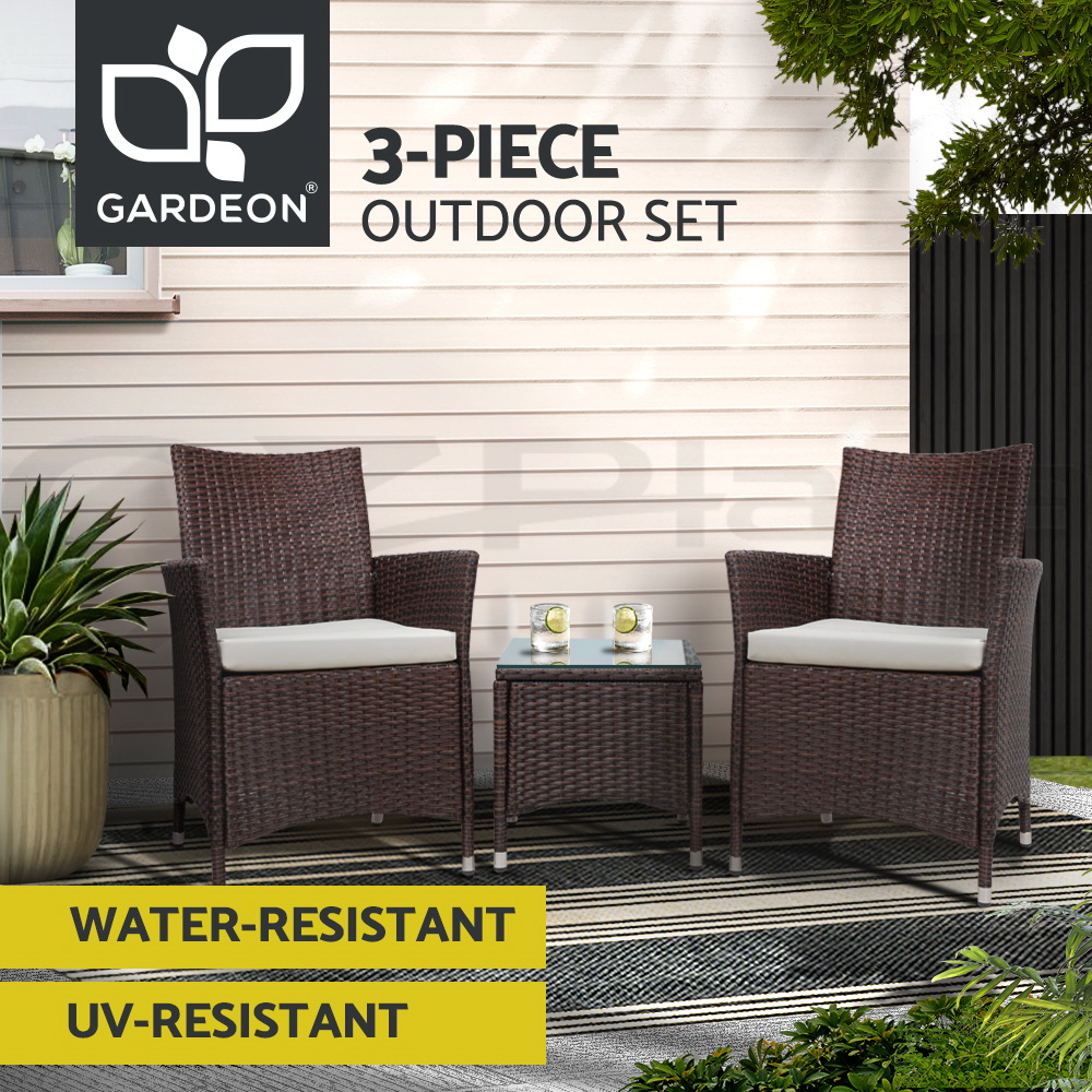 Gardeon Outdoor Furniture 3 Piece Setting Wicker Bistro Set Dining Chairs Patio - Picture 31 of 48