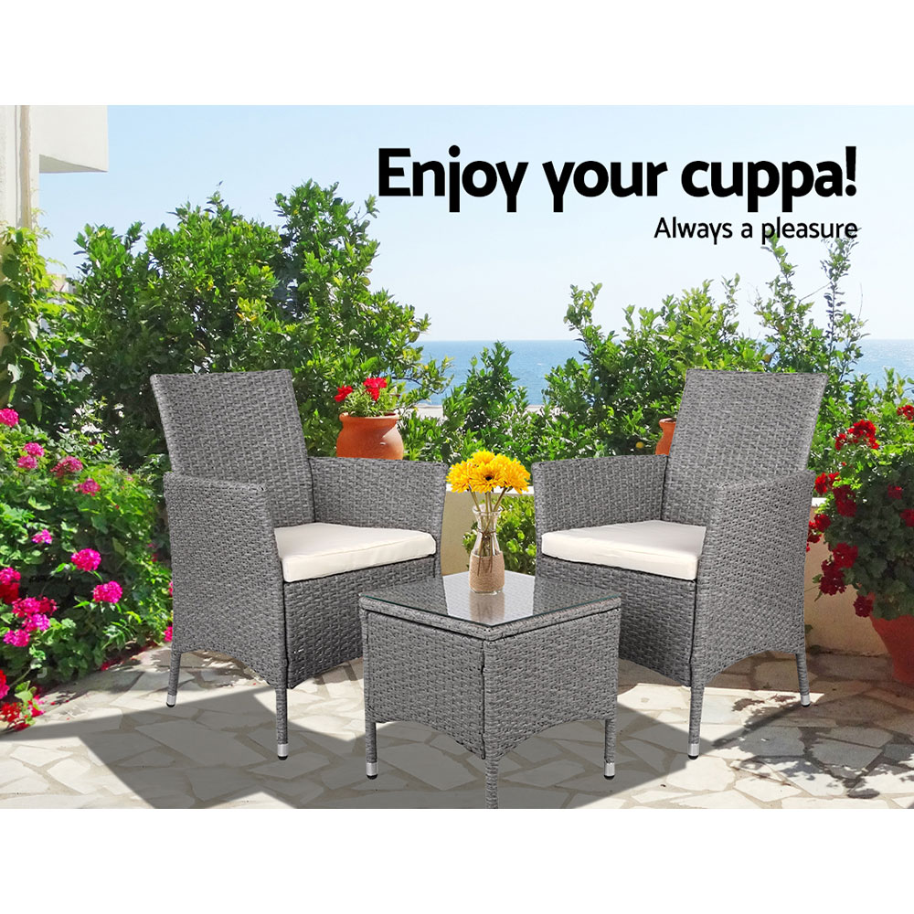 Gardeon Outdoor Furniture 3 Piece Setting Wicker Bistro Set Dining Chairs Patio - Picture 48 of 48