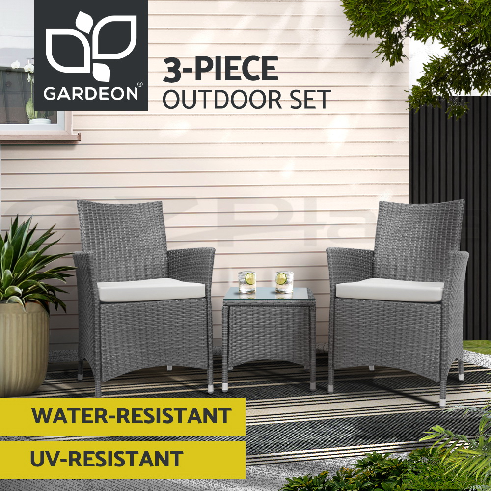 Gardeon Outdoor Furniture 3 Piece Setting Wicker Bistro Set Dining Chairs Patio - Picture 40 of 48