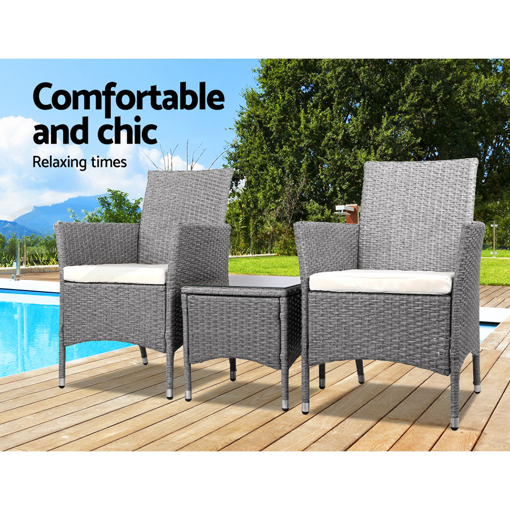 Gardeon Outdoor Furniture 3 Piece Setting Wicker Bistro Set Dining Chairs Patio - Picture 42 of 48