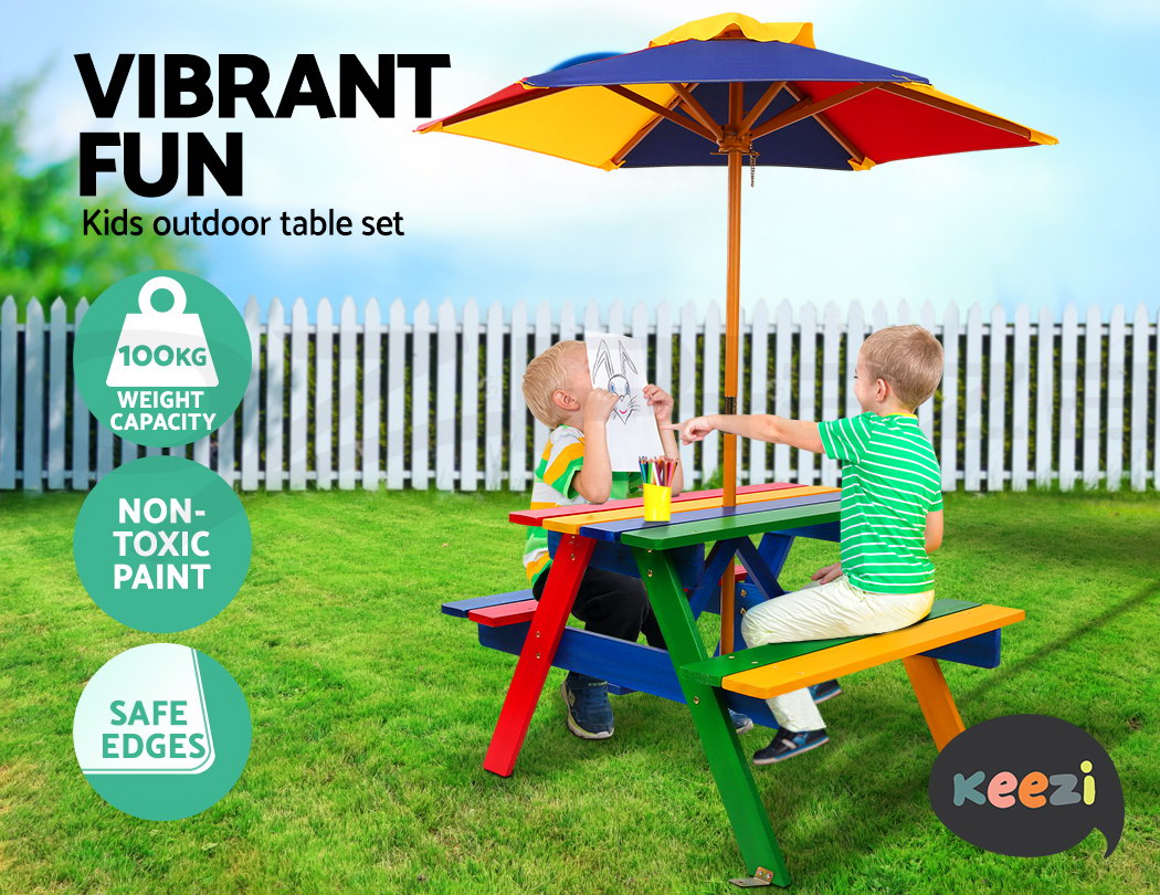 Keezi Kids Picnic Table Bench Set Umbrella Children Wooden Outdoor Item Specifics