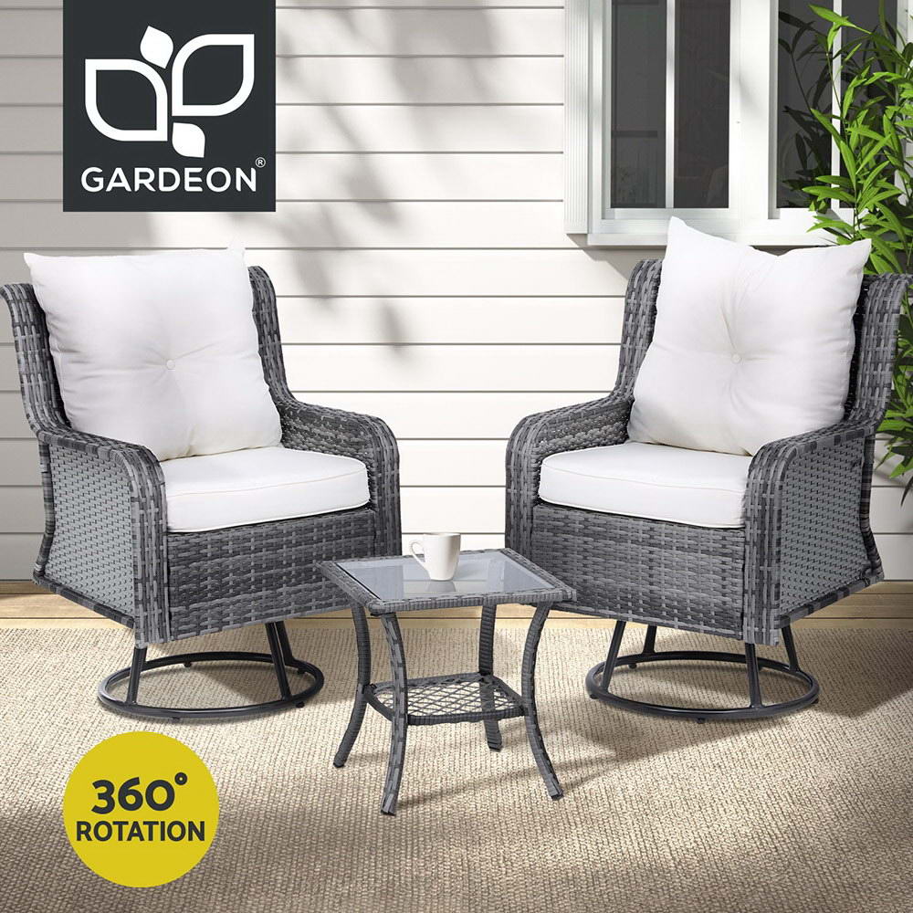 Gardeon 3PC Outdoor Furniture Bistro Set Lounge Wicker Swivel Chairs Table - Picture 11 of 12