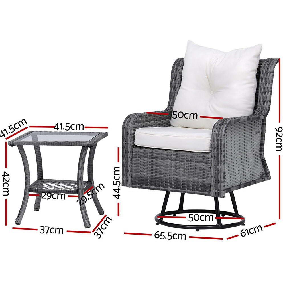 Gardeon 3PC Outdoor Furniture Bistro Set Lounge Wicker Swivel Chairs Table - Picture 12 of 12