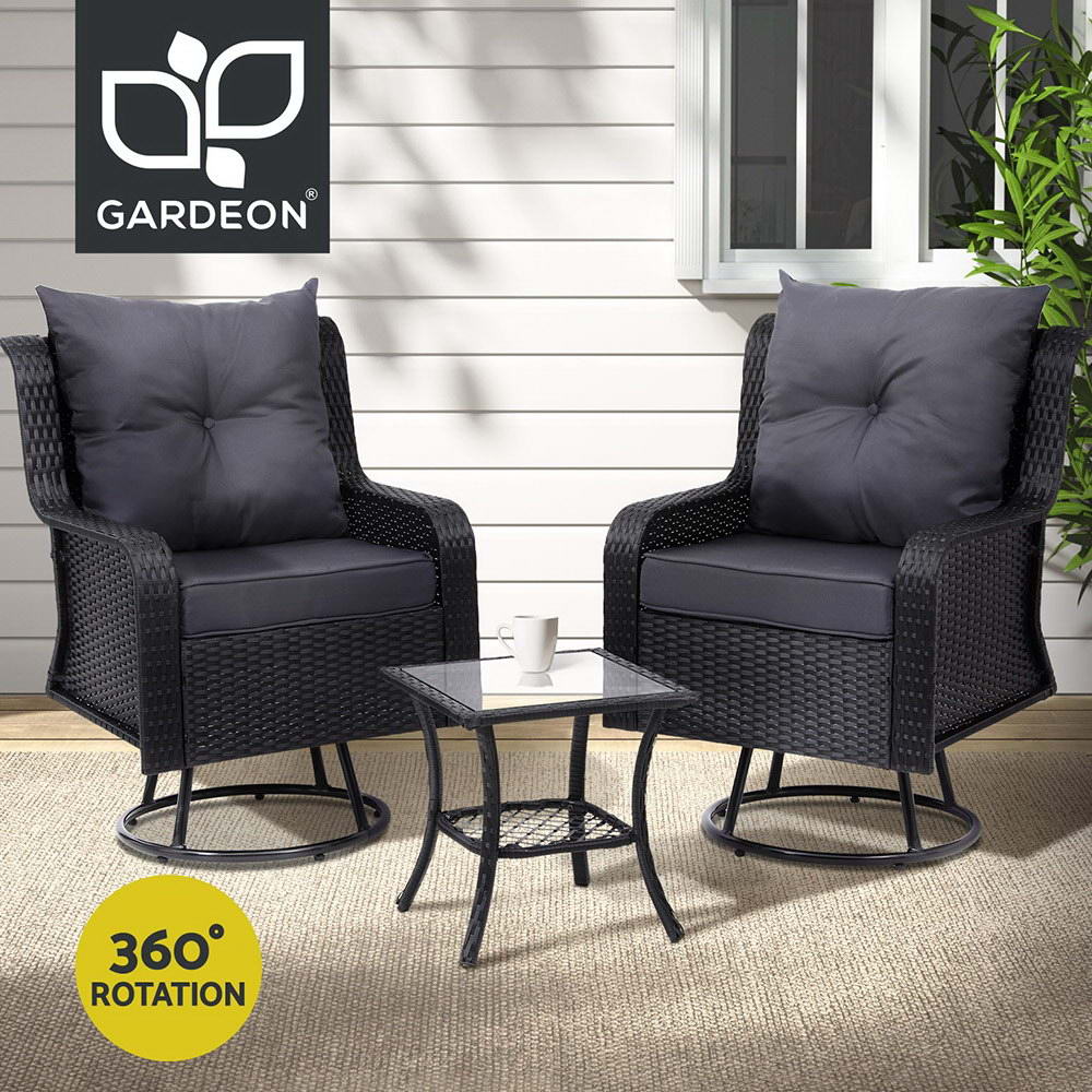 Gardeon 3PC Outdoor Furniture Bistro Set Lounge Wicker Swivel Chairs Table - Picture 9 of 12