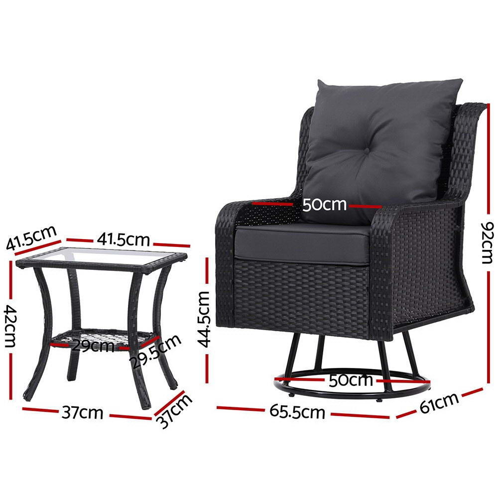 Gardeon 3PC Outdoor Furniture Bistro Set Lounge Wicker Swivel Chairs Table - Picture 10 of 12