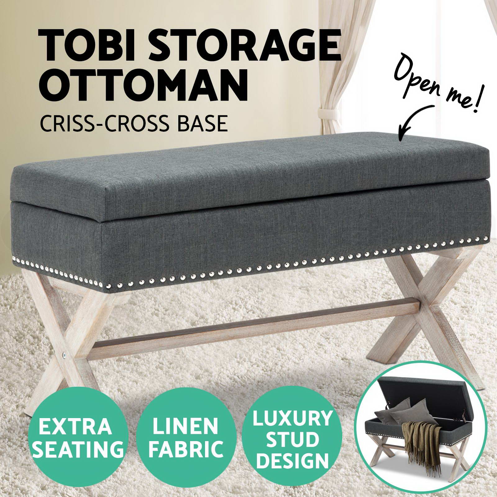 Artiss Ottoman Storage Seat Blanket Box PU Leather Fabric Foot Stool Black Grey - Picture 44 of 47