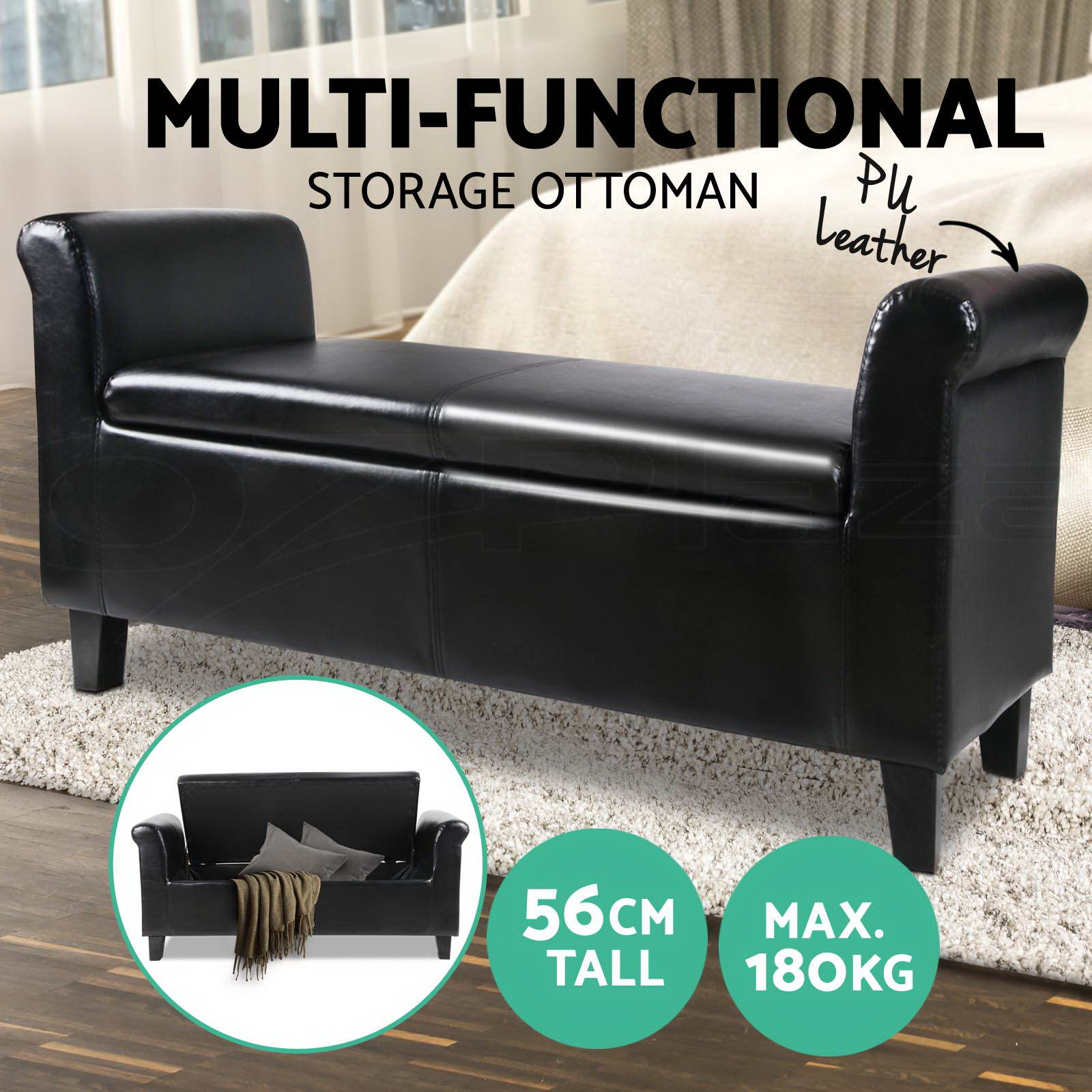 Artiss Ottoman Storage Seat Blanket Box PU Leather Fabric Foot Stool Black Grey - Picture 42 of 47