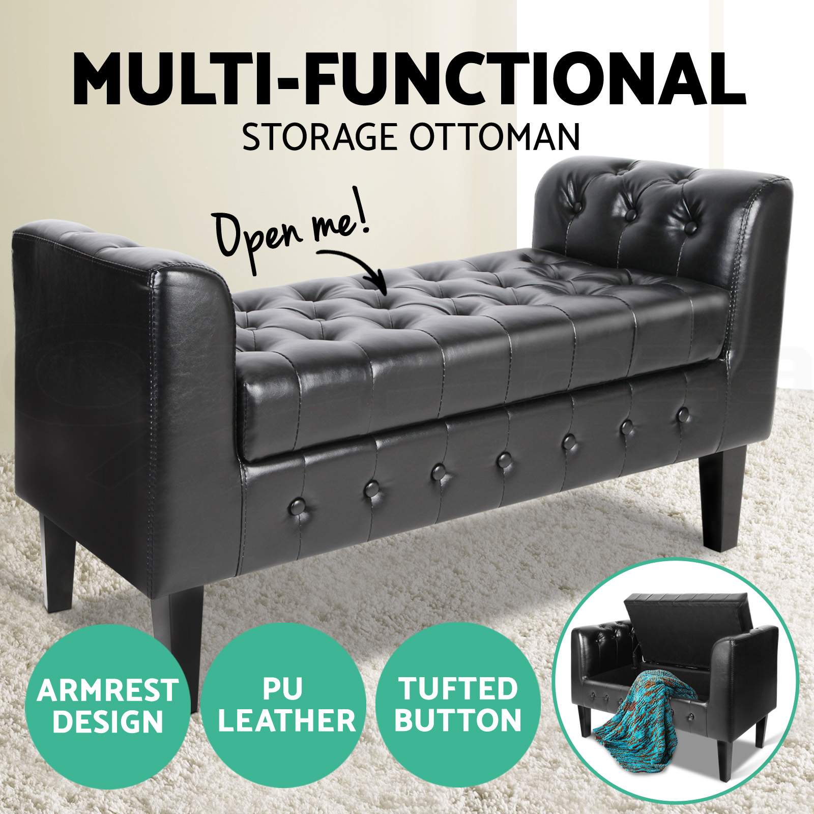 Artiss Ottoman Storage Seat Blanket Box PU Leather Fabric Foot Stool Black Grey - Picture 12 of 47