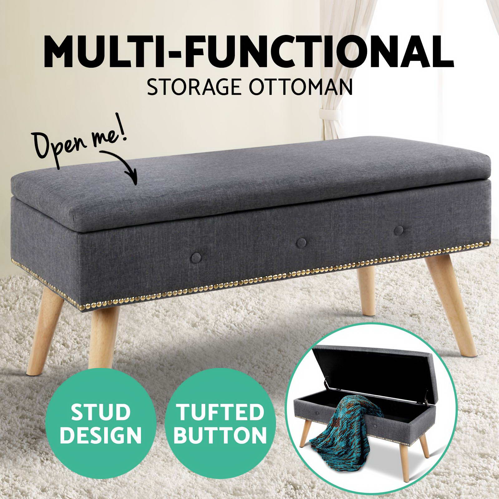 Artiss Ottoman Storage Seat Blanket Box PU Leather Fabric Foot Stool Black Grey - Picture 36 of 47
