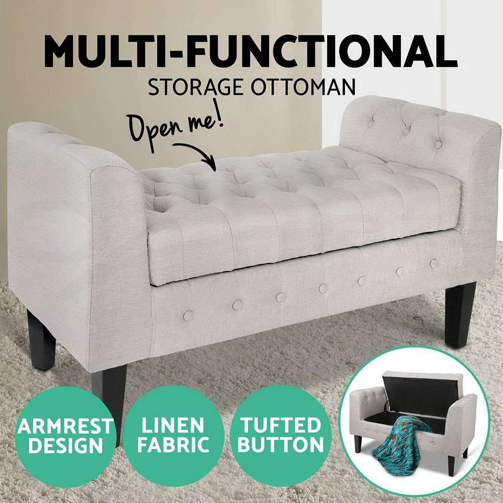Artiss Ottoman Storage Seat Blanket Box PU Leather Fabric Foot Stool Black Grey - Picture 20 of 47