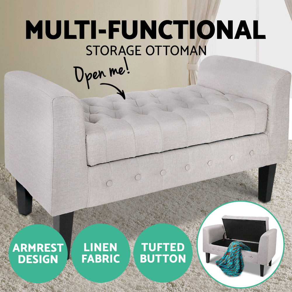 Artiss Ottoman Storage Seat Blanket Box PU Leather Fabric Foot Stool Black Grey - Picture 17 of 47