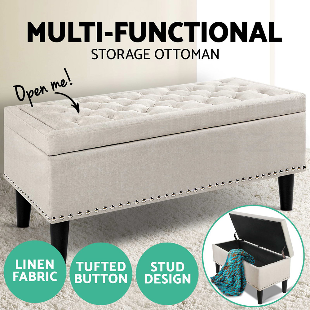Artiss Ottoman Storage Seat Blanket Box PU Leather Fabric Foot Stool Black Grey - Picture 39 of 47