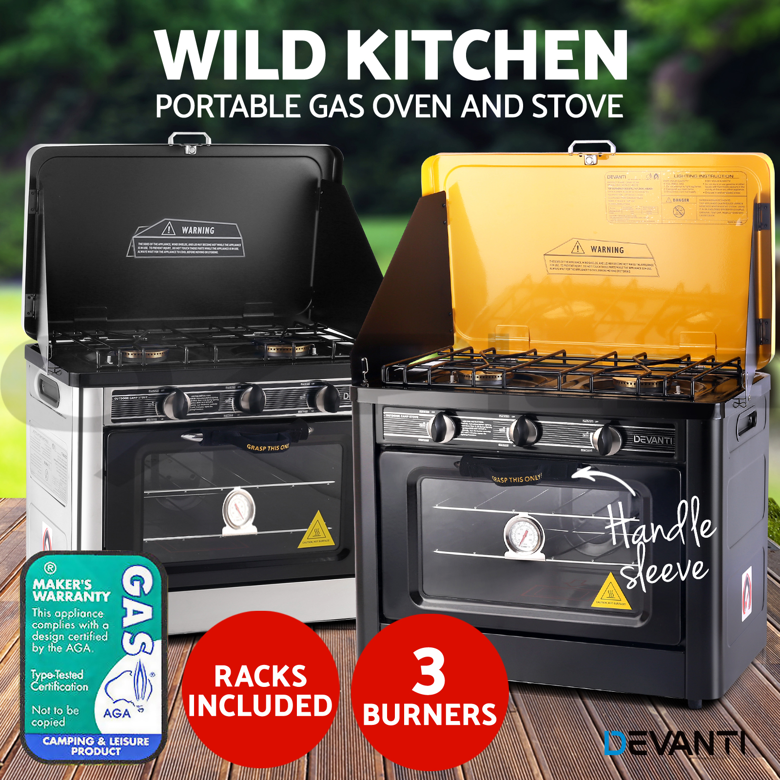 Devanti Portable Gas Oven Camping Cooking LPG 3 Burner Stove Stainless