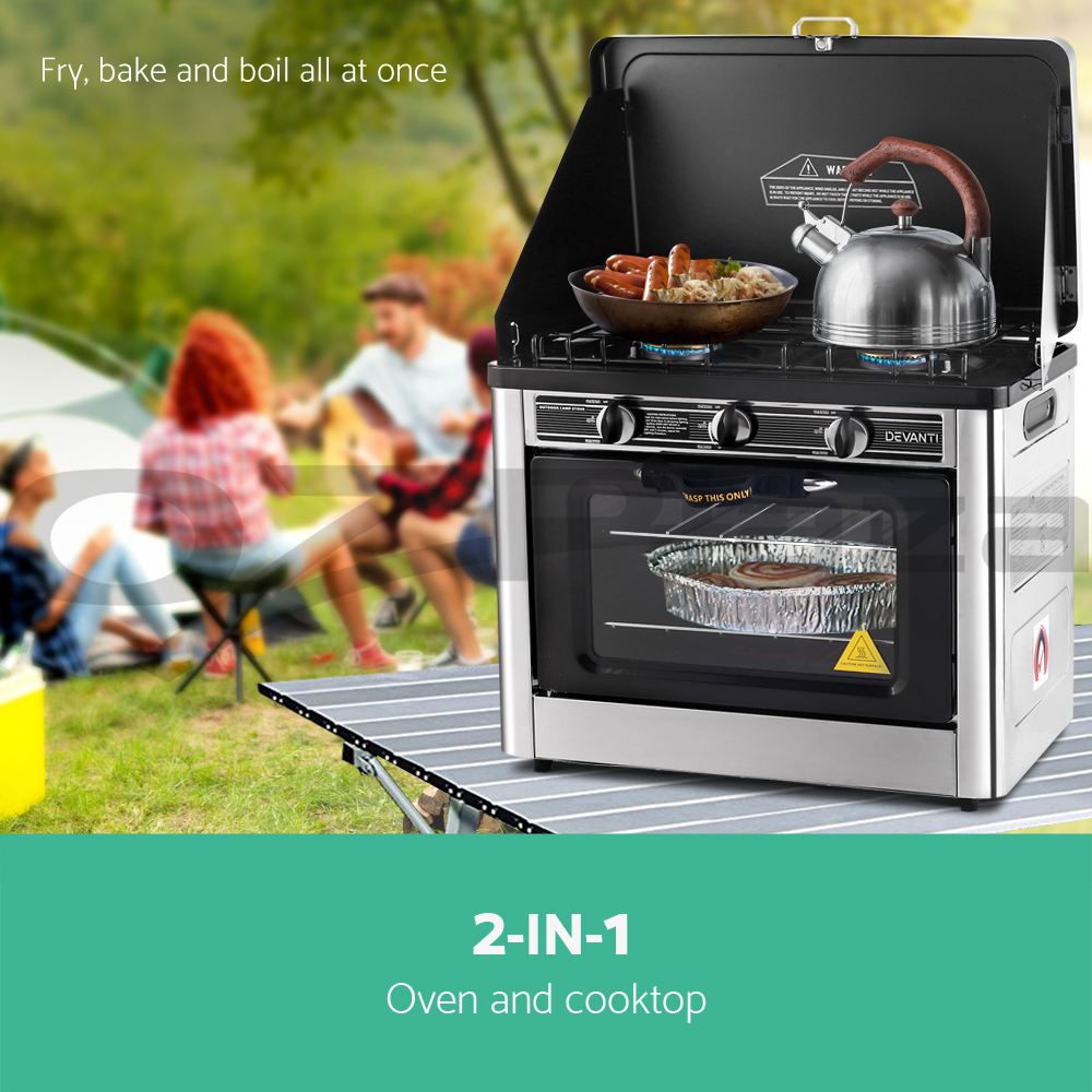 Devanti Portable Gas Oven Camping Cooking LPG 3 Burner Stove Stainless