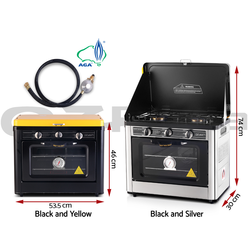 Devanti Portable Gas Oven Camping Cooking LPG 3 Burner Stove Stainless