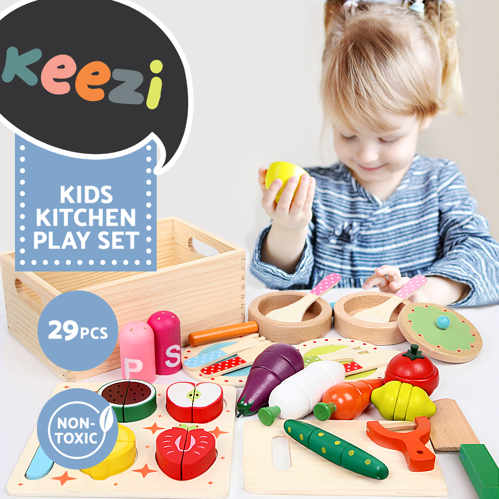 Keezi Kids Kitchen Pretend Play Sets Wooden Toys Children Utensils Cooking Set - Picture 12 of 68