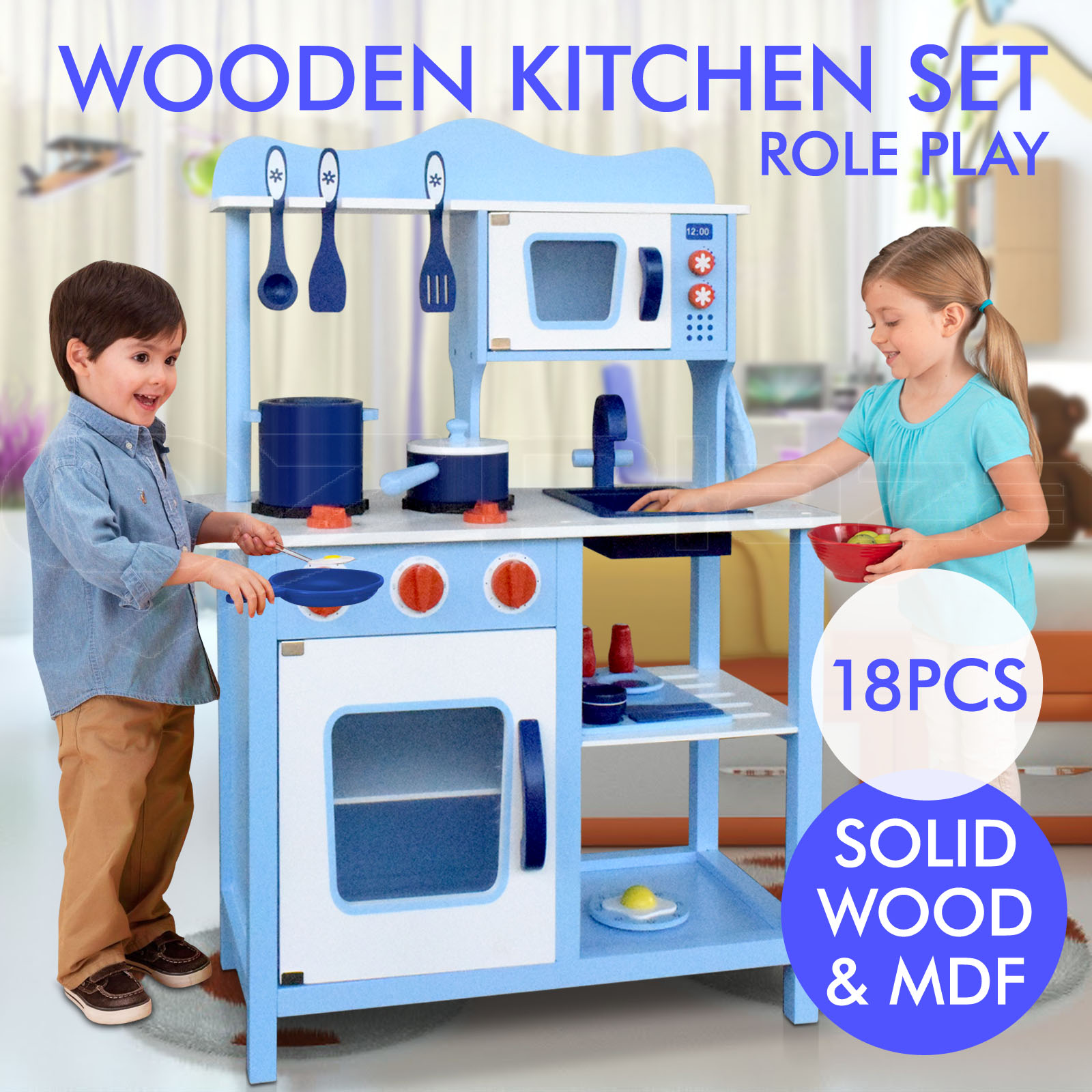 Wooden Kitchen Pretend Play Set Toy Kids Toddlers Cooking Home