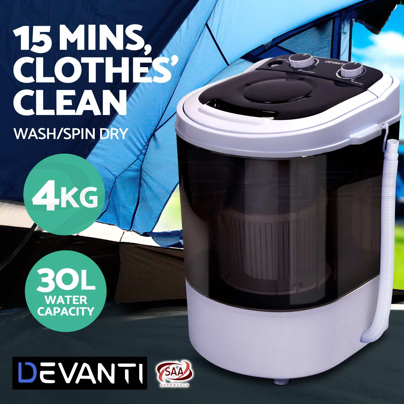 Devanti Mini Portable Washing Machine Top Load Loader Spin Camp Caravan