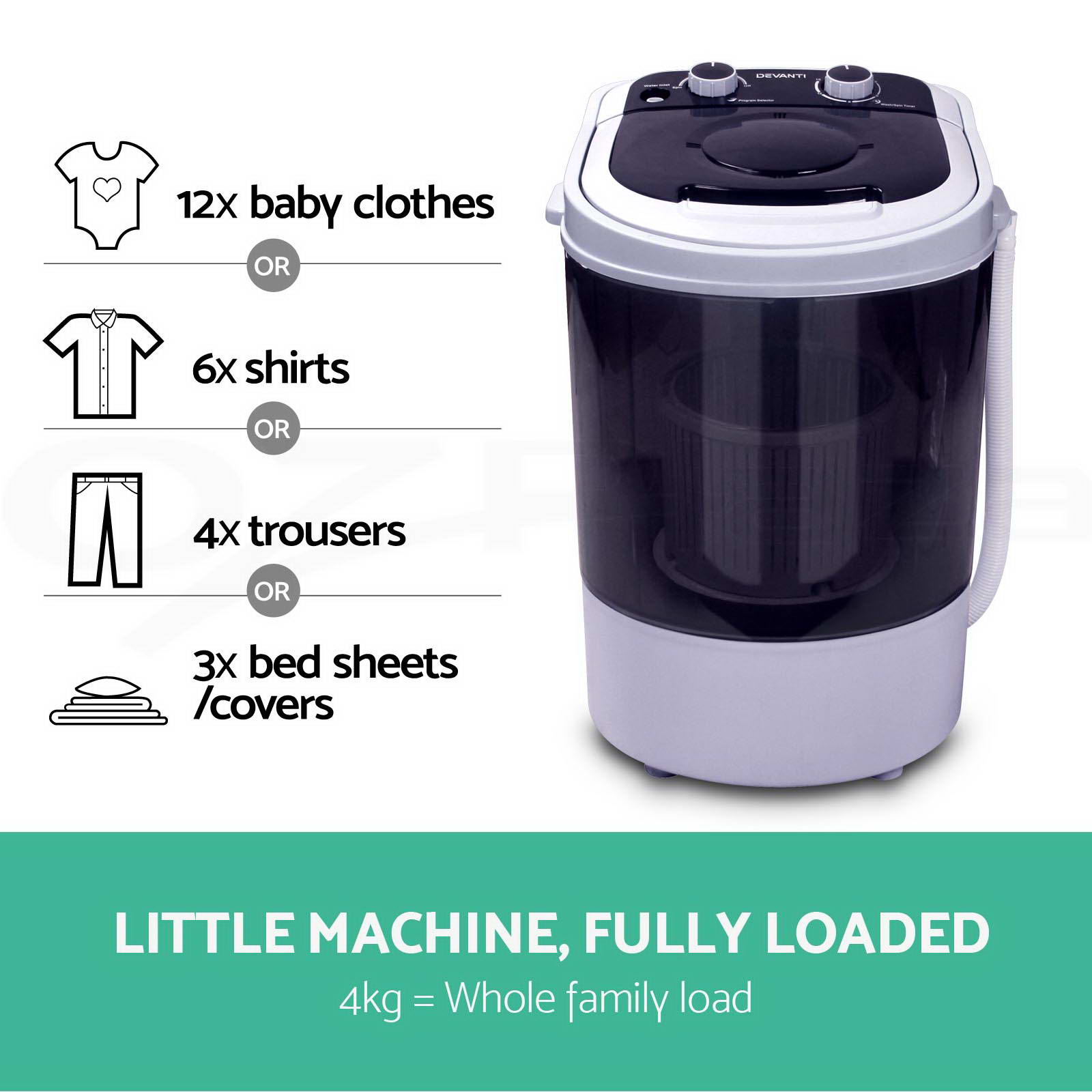 Devanti Mini Portable Washing Machine Top Load Loader Spin Camp Caravan