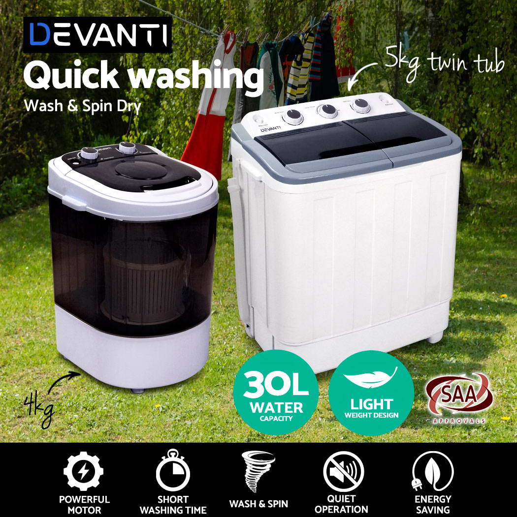 Devanti Mini Portable Washing Machine Top Load Loader Spin Camp Caravan