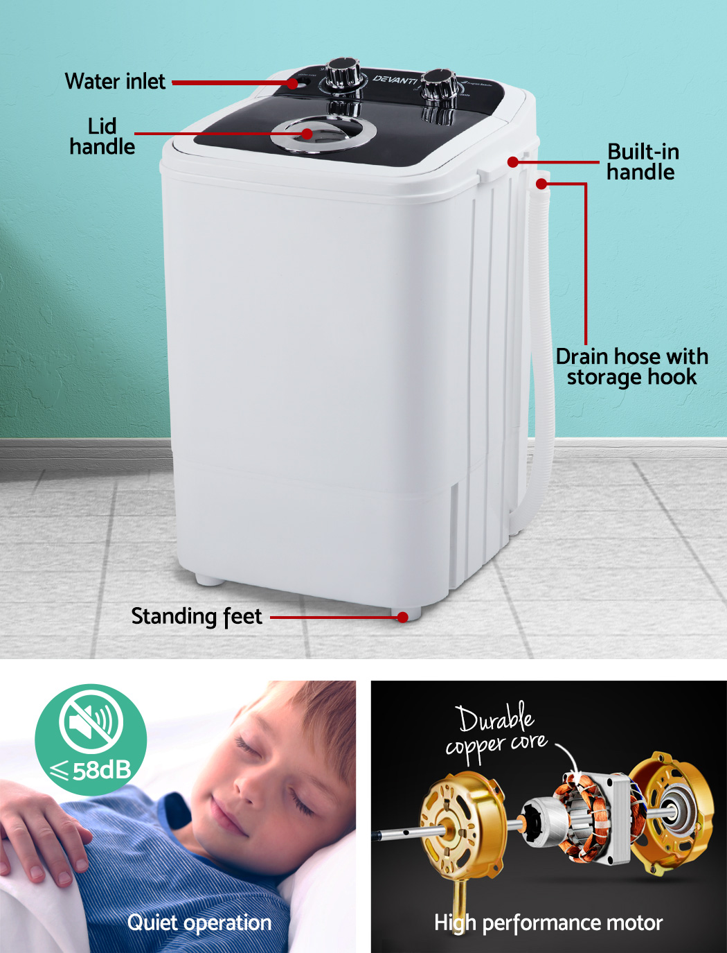 Devanti 4.6KG Mini Outdoor Portable Washing Machine Top Load Spin Camp