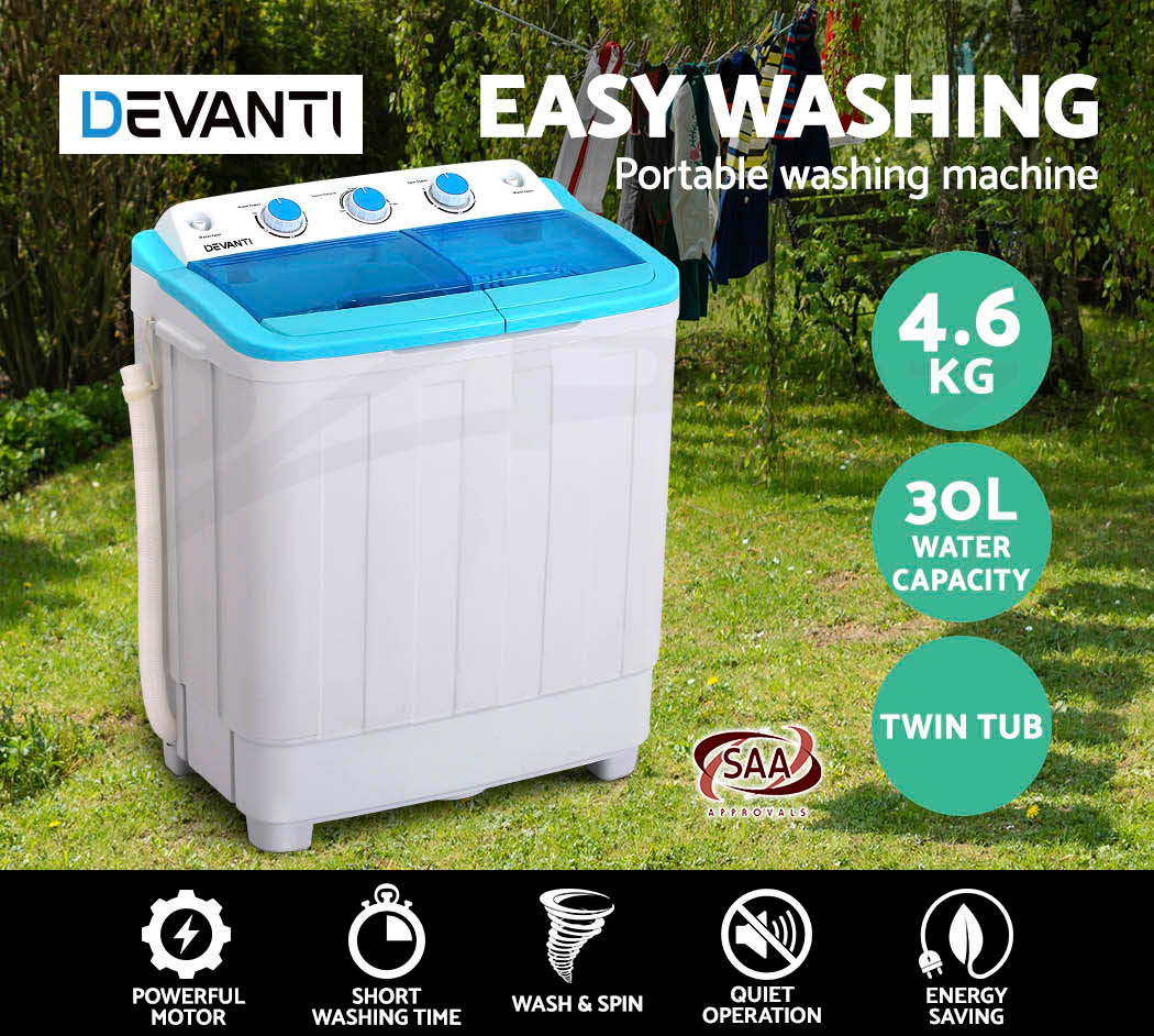 DEVANTi 5KG Portable Washing Machine Twin Tub Top Loader Camping