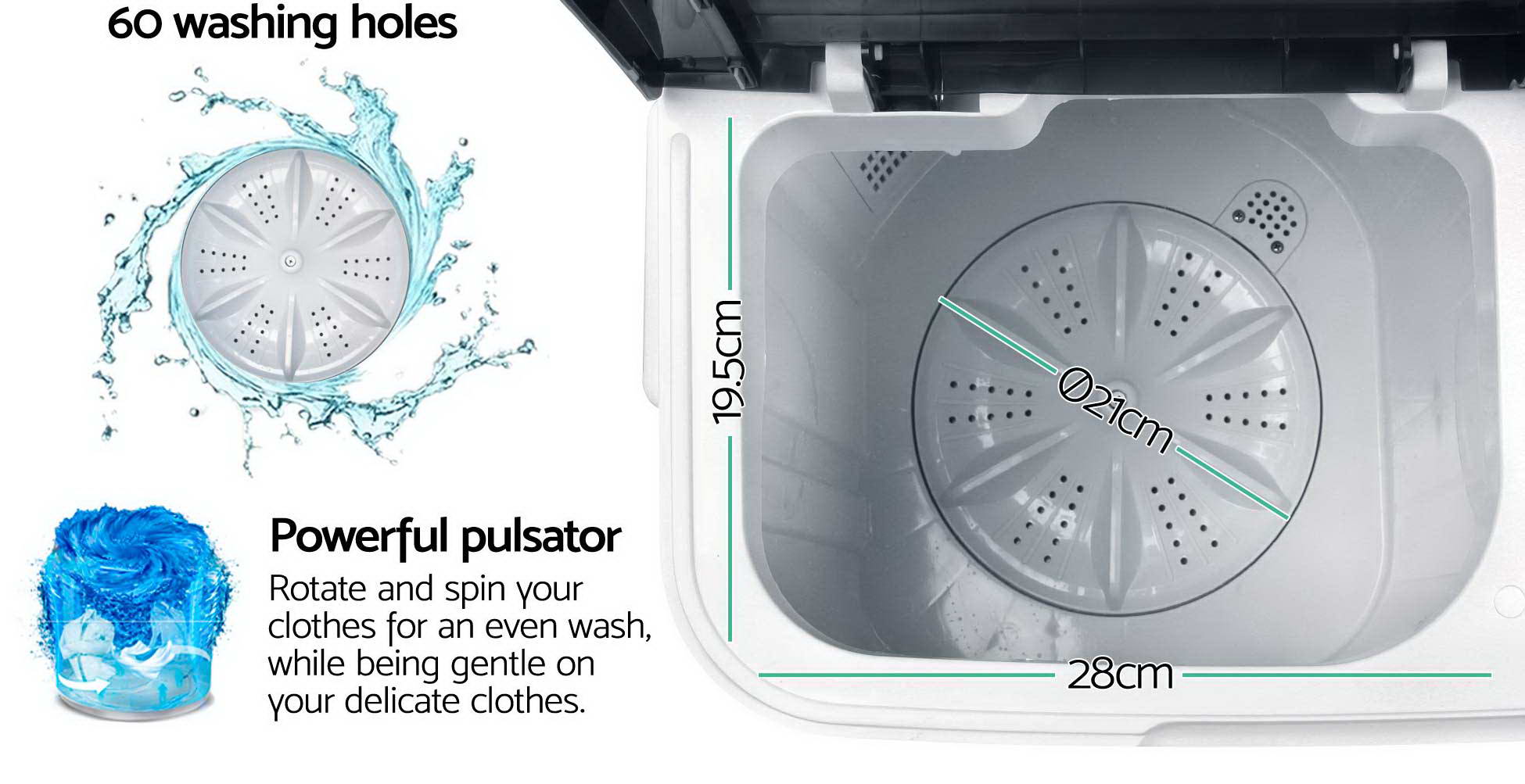 Devanti 5kg Mini Portable Washing Machine Twin Tub Spin Camping Caravan