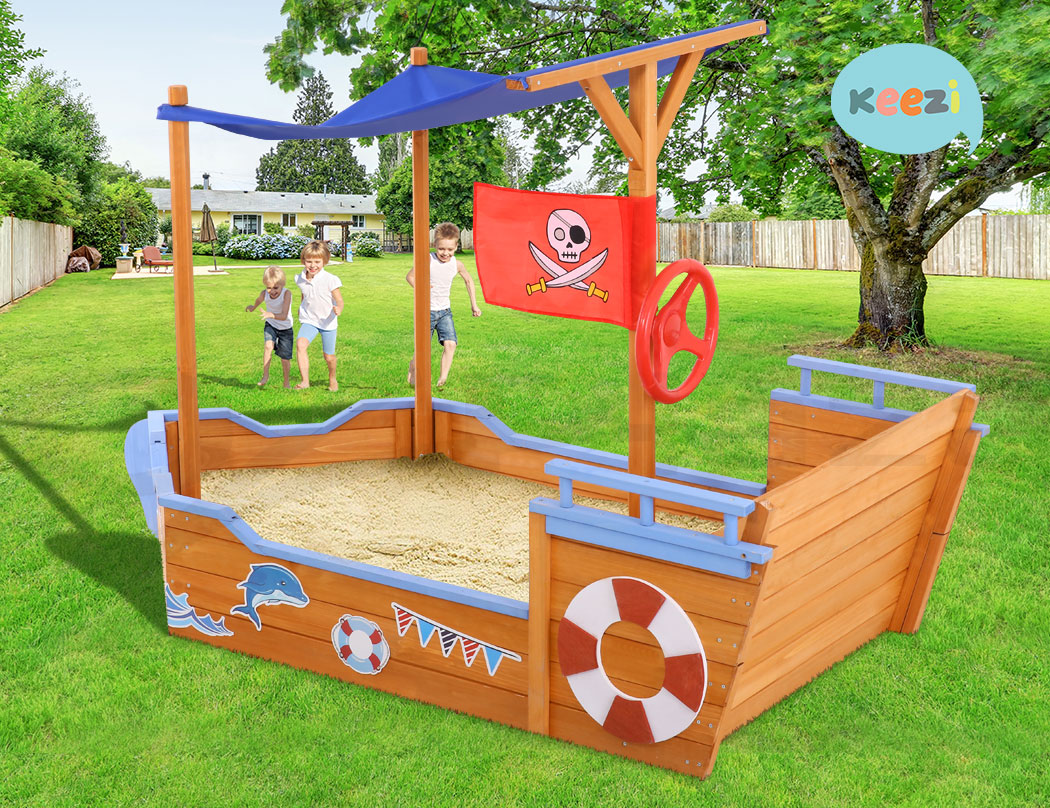 Keezi Kids Sandpit Outdoor Toys Wooden Play Sand Pit Box Boat Canopy