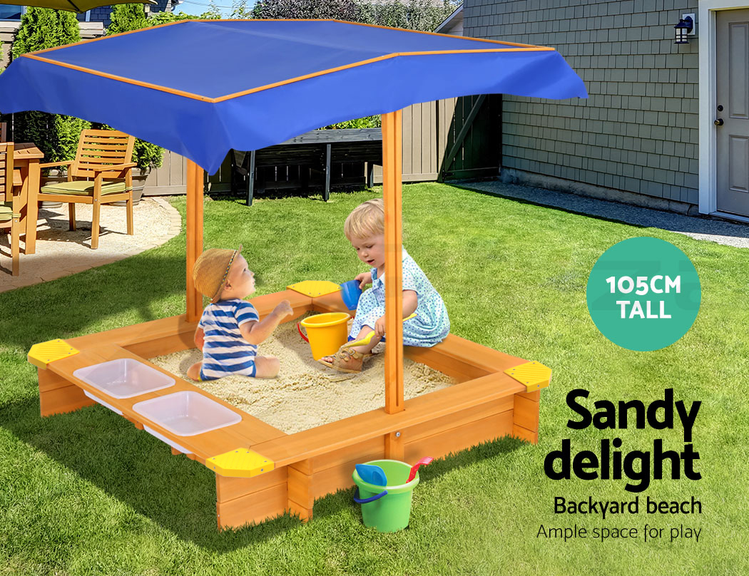 Keezi Kids Sandpit Outdoor Toys Wooden Beach Sand Pit Water Box Canopy
