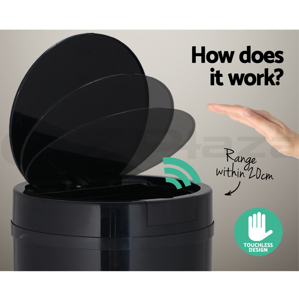 Devanti Sensor Bin Black Motion Rubbish Trash Can Automatic Touch Free