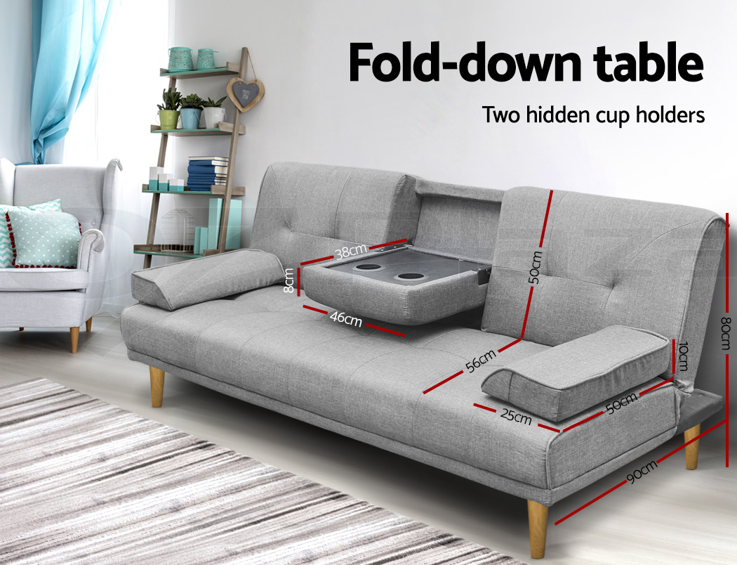 Artiss Sofa Bed Lounge Futon Couch Beds 3 Seater Cup Holder Fabric Grey