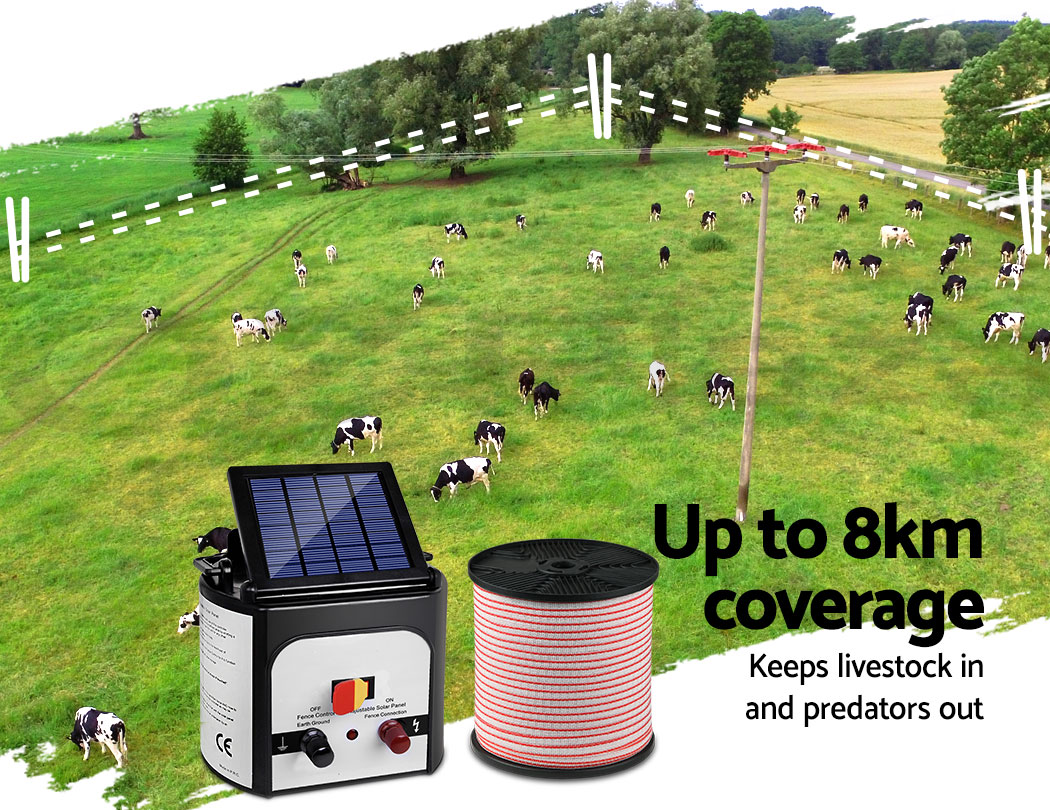 Giantz 8km Solar Electric Fence Energiser Energizer Battery Charger
