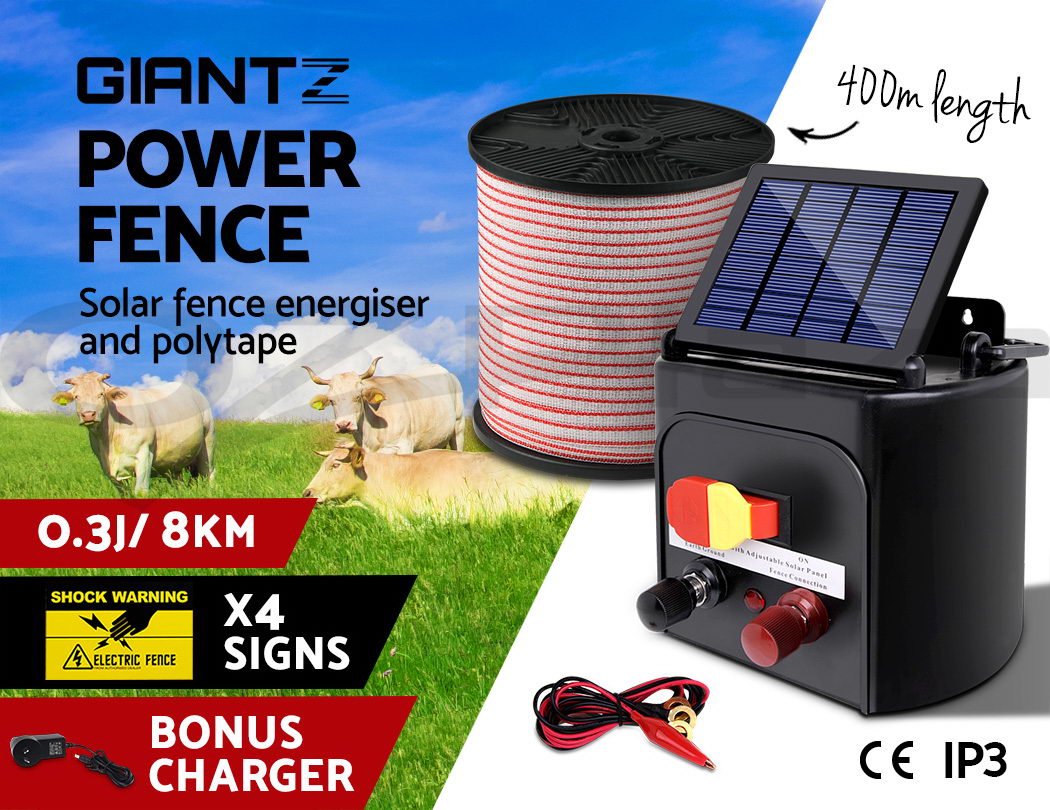 8km Solar Power Electric Fence Energiser Energizer Charger 0.3J Farm