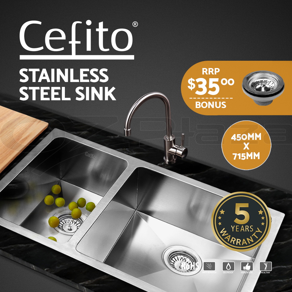 Cefito Kitchen Sink Basin Stainless Steel Under/Top Mount Single DoubleBowl - Picture 52 of 89