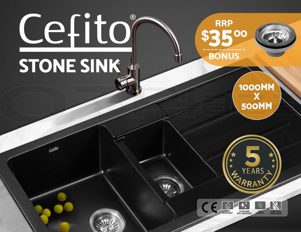 Details About Cefito Kitchen Sink Stone Quartz Granite Top Undermount Double Black 1000x500mm